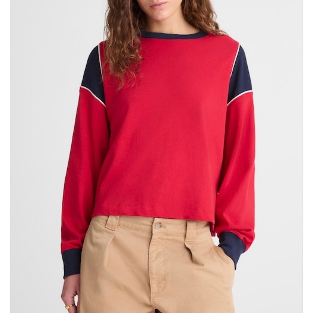 Madewell Womens Red Navy Relaxed Oversized Crewneck Long Sleeve Tee XL New